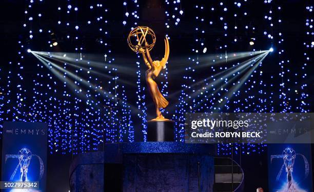 This photo shows an Emmy statuette at the 70th Emmy Awards Governors Ball press preview at LA Live Event Deck on September 6, 2018 in Los Angeles,...