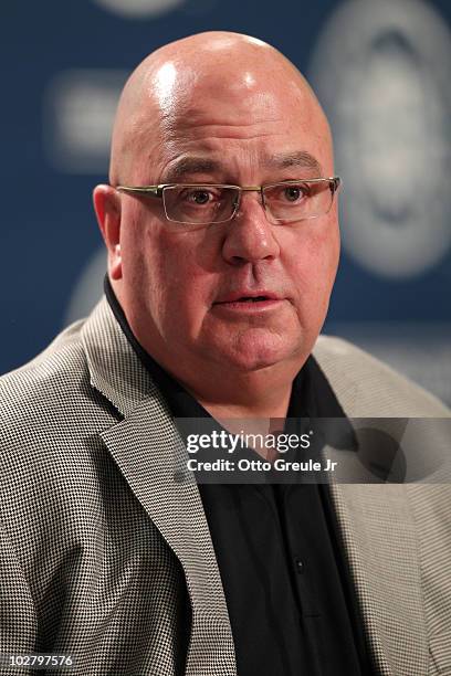 Executive Vice President & GM Jack Zduriencik of the Seattle Mariners speaks to the media at a press conference announcing a trade of pitchers Cliff...