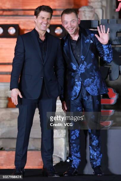 Actor Tom Cruise and actor Simon Pegg attend 'Mission: Impossible - Fallout' press conference at the Imperial Ancestral Temple on August 29, 2018 in...