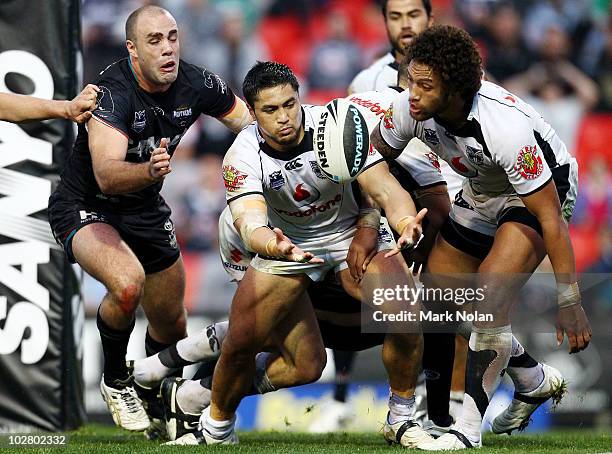 Jerome Ropati of the Warriors juggles the ball in his own in goal area during the round 18 NRL match between the Penrith Panthers and the New Zealand...