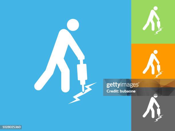 jackhammer & worker flat icon on blue background - jackhammer vector stock illustrations