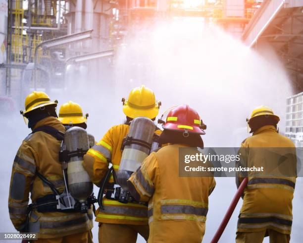 the back side view of a group of firefighters helped stop the fire. fire in the industrial factory . rescue ,teamwork concept . - militante gruppe stock-fotos und bilder