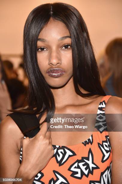 Model prepares backstage for the Jeremy Scott show during New York Fashion Week: The Shows at Gallery I at Spring Studios on September 6, 2018 in New...