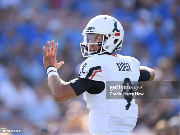 Desmond Ridder of the Cincinnati Bearcats makes a pass during the first quarter against the UCLA Bruins at Rose Bowl on September 1, 2018 in...