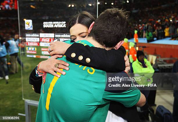Iker Casillas of Spain hugs TV Presenter Sara Carbonero after the 2010 FIFA World Cup South Africa Final match between Netherlands and Spain at...