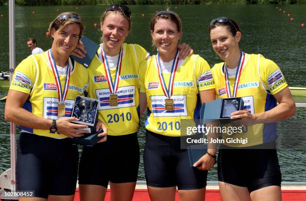 Katherine Grainger, Anna Watkins, Beth Rodford and Annabel Vernon of Great Britain celebrate with their gold medals after winning the Women's...