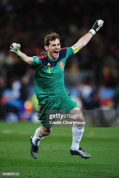 Iker Casillas, captain of Spain, celebrates the late goal by Andres Iniesta during the 2010 FIFA World Cup South Africa Final match between...