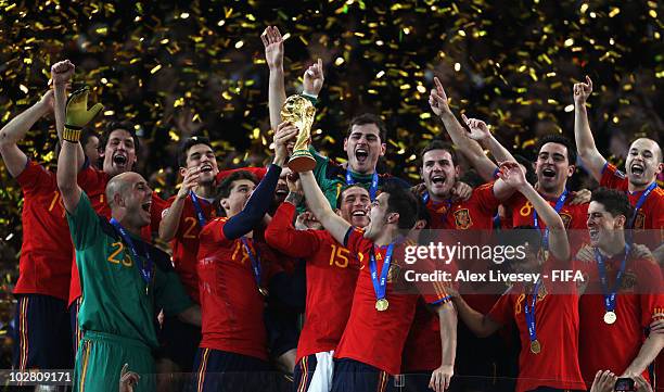 Spain celebrate winning the 2010 FIFA World Cup South Africa Final match between Netherlands and Spain at Soccer City Stadium on July 11, 2010 in...