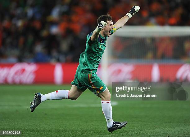 Iker Casillas, captain of Spain, celebrates the late goal by Andres Iniesta during the 2010 FIFA World Cup South Africa Final match between...