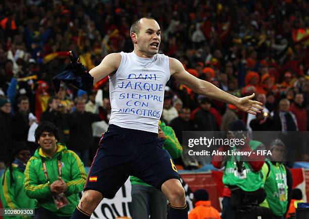 Andres Iniesta of Spain celebrates scoring during the 2010 FIFA World Cup South Africa Final match between Netherlands and Spain at Soccer City...