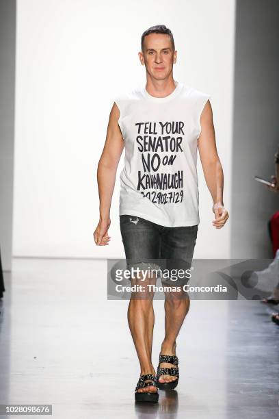 Model walks the runway wearing Jeremy Scott Spring 2019 at Gallery I at Spring Studios on September 6, 2018 in New York City.