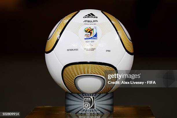 The official Jabulani matchball ahead of the 2010 FIFA World Cup South Africa Final match between Netherlands and Spain at Soccer City Stadium on...
