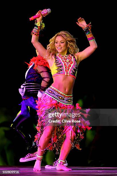 Singer Shakira performs "Waka Waka " with South African band Freshlyground during the Closing Cermony ahead of the 2010 FIFA World Cup South Africa...