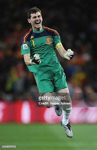 Iker Casillas, captain of Spain, celebrates the late goal by Andres Iniesta during the 2010 FIFA World Cup South Africa Final match between...