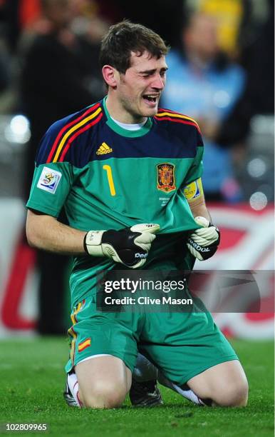 Iker Casillas, captain of Spain, celebrates victory at the final whistle during the 2010 FIFA World Cup South Africa Final match between Netherlands...