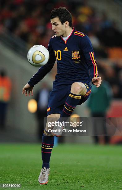 Francesc Fabregas of Spain in action during the 2010 FIFA World Cup South Africa Final match between Netherlands and Spain at Soccer City Stadium on...