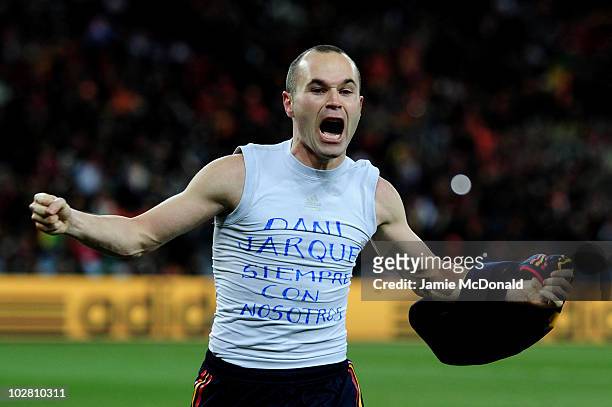 Andres Iniesta of Spain celebrates scoring the winning goal during the 2010 FIFA World Cup South Africa Final match between Netherlands and Spain at...