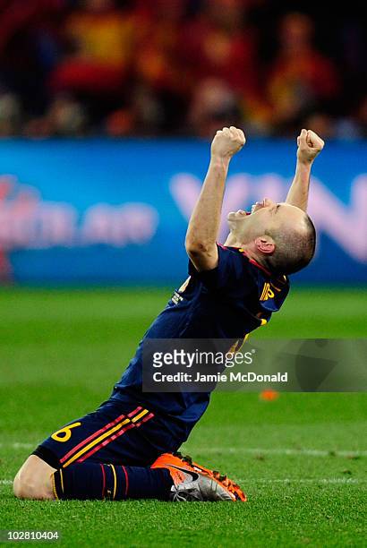 Andres Iniesta of Spain celebrates after his goal wins the World Cup for Spain during the 2010 FIFA World Cup South Africa Final match between...