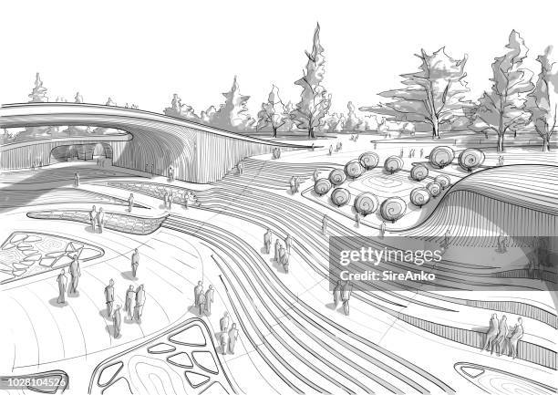 ilustrações, clipart, desenhos animados e ícones de arquitetura de paisagem preto e branca mão desenhada - perspectiva espacial