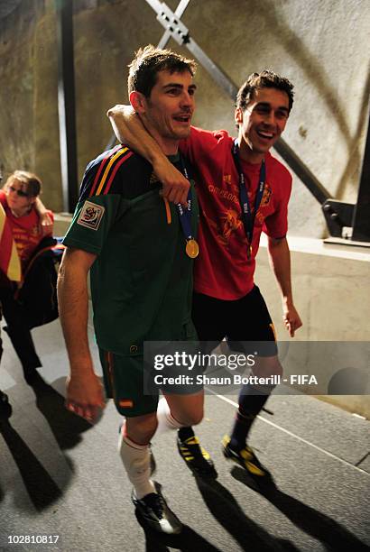 Iker Casillas of Spain and Alvaro Arbeloa of Spain celebrate after the 2010 FIFA World Cup South Africa Final match between Netherlands and Spain at...