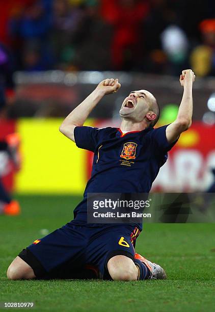 Andres Iniesta of Spain celebrates after his goal seals victory during the 2010 FIFA World Cup South Africa Final match between Netherlands and Spain...