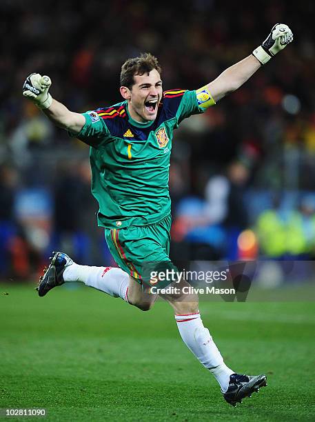 Iker Casillas, captain of Spain, celebrates the late goal by Andres Iniesta during the 2010 FIFA World Cup South Africa Final match between...