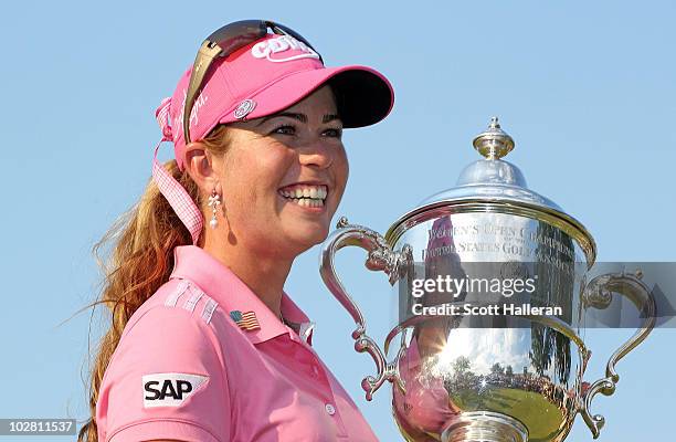 Paula Creamer poses with the trophy after her four-stroke victory at the 2010 U.S. Women's Open at Oakmont Country Club on July 11, 2010 in Oakmont,...