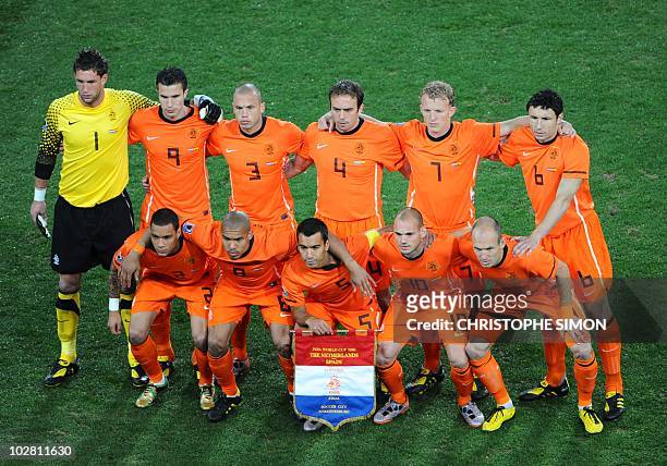 The national football team from The Netherlands poses before the start of the 2010 World Cup football final against Spain at Soccer City stadium in...