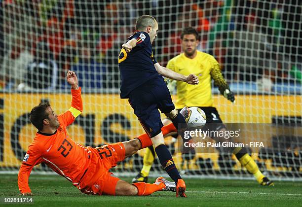 Andres Iniesta of Spain scores during the 2010 FIFA World Cup South Africa Final match between Netherlands and Spain at Soccer City Stadium on July...