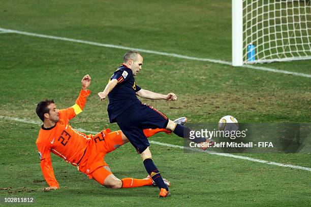 Andres Iniesta of Spain scores during the 2010 FIFA World Cup South Africa Final match between Netherlands and Spain at Soccer City Stadium on July...