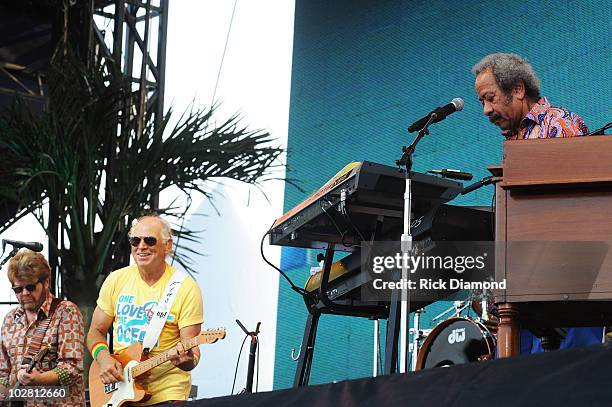 Musicians Mac McAnally, Jimmy Buffett and Allen Toussaint perform onstage at Jimmy Buffett & Friends: Live from the Gulf Coast, a concert presented...
