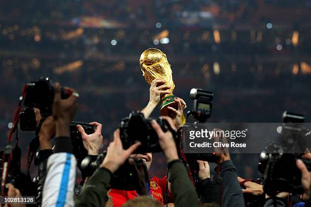 The Spain team celebrate winning the World Cup during the 2010 FIFA World Cup South Africa Final match between Netherlands and Spain at Soccer City...