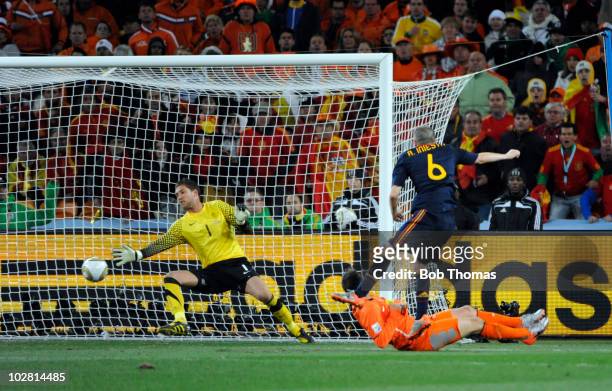 Andres Iniesta scores the winning goal for Spain during the 2010 FIFA World Cup Final between the Netherlands and Spain on July 11, 2010 in...