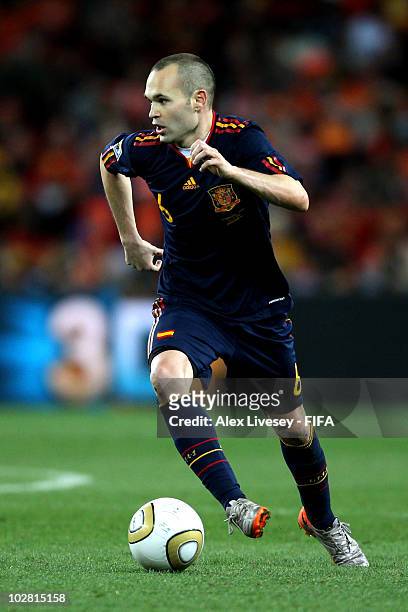 Andres Iniesta of Spain in action during the 2010 FIFA World Cup South Africa Final match between Netherlands and Spain at Soccer City Stadium on...