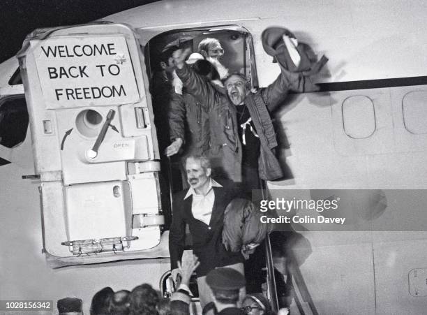 American hostages arrive at Wiesbaden Air Base in West Germany after being released from the US Embassy in Iran, January 20, 1981. They had been held...