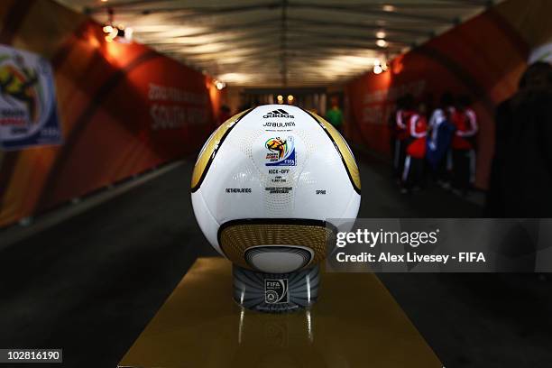 The official match ball is seen before the 2010 FIFA World Cup South Africa Final match between Netherlands and Spain at Soccer City Stadium on July...