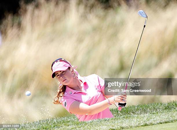 Paula Creamer plays a shot on the 6th hole during the final round of the 2010 U.S. Women's Open at Oakmont Country Club on July 11, 2010 in Oakmont,...