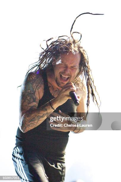 Singer Jonathan Davis of KoRn performs at the 2010 Rockstar Energy Drink Mayhem Festival at San Manuel Amphitheater on July 10, 2010 in San...