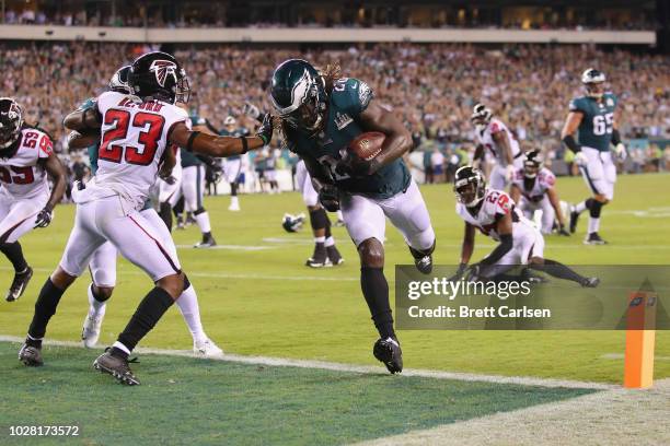 Jay Ajayi of the Philadelphia Eagles rushes for an 11-yard touchdown during the fourth quarter against the Atlanta Falcons at Lincoln Financial Field...