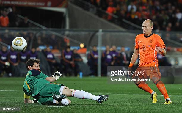 Iker Casillas of Spain saves a shot from Arjen Robben of the Netherlands during the 2010 FIFA World Cup South Africa Final match between Netherlands...