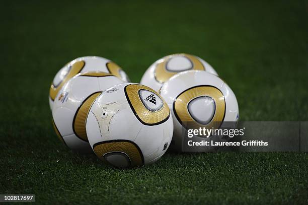 The Jabulani match ball is pictured prior to the 2010 FIFA World Cup South Africa Final match between Netherlands and Spain at Soccer City Stadium on...