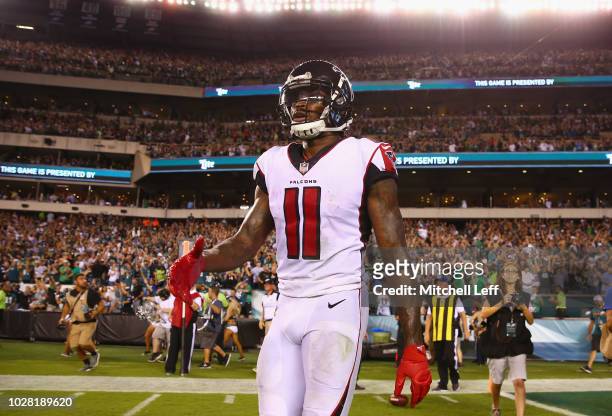 Julio Jones of the Atlanta Falcons reacts after being defeated by the Philadelphia Eagles 18-12 at Lincoln Financial Field on September 6, 2018 in...