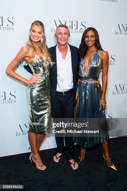 Romee Strijd, Russell James and Jasmine Tookes attend the Russell James 'Angels' book launch & exhibit at Stephan Weiss Studio on September 6, 2018...