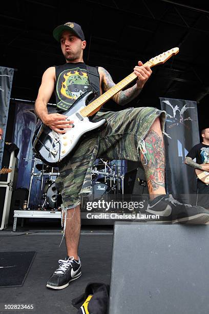 Guitarists Nick Piunno of Winds of Plague performs at the 2010 Rockstar Energy Drink Mayhem Festival at San Manuel Amphitheater on July 10, 2010 in...