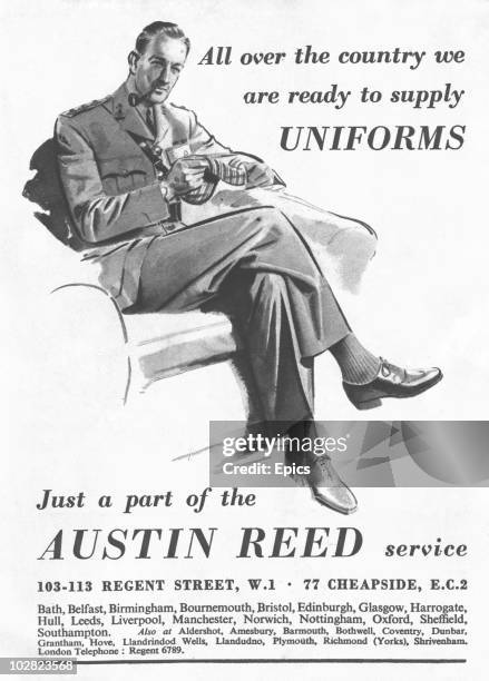 Wartime advertisement for Austin Reed tailoring services, stating the company's readiness to supply military uniforms all over Britain, circa 1939....