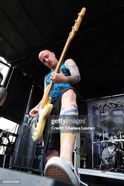Bassist Andrew Glover of Winds of Plague performs at the 2010 Rockstar Energy Drink Mayhem Festival at San Manuel Amphitheater on July 10, 2010 in...