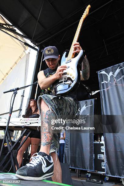 Guitarists Nick Piunno of Winds of Plague performs at the 2010 Rockstar Energy Drink Mayhem Festival at San Manuel Amphitheater on July 10, 2010 in...