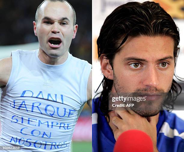 Combo showing Spain's midfielder Andres Iniesta celebrating after scoring during the 2010 FIFA football World Cup final between the Netherlands and...