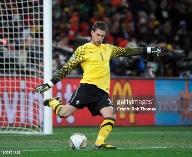 Goalkeeper Maarten Stekelenburg of the Netherlands during the 2010 FIFA World Cup Final between the Netherlands and Spain on July 11, 2010 in...