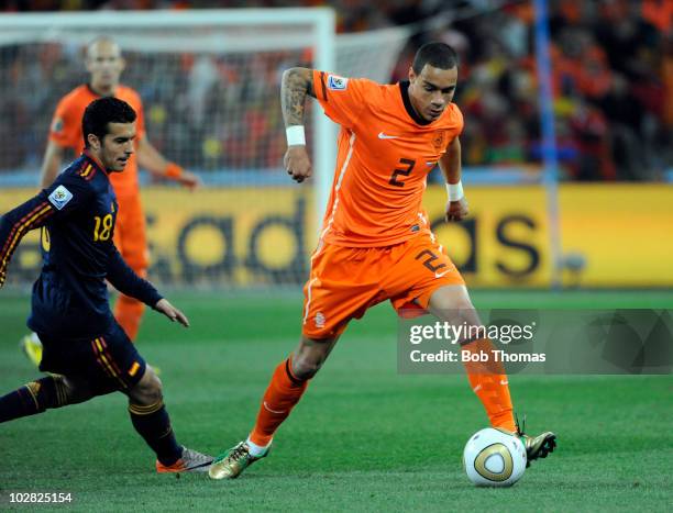 Gregory Van Der Wiel of the Netherlands during the 2010 FIFA World Cup Final between the Netherlands and Spain on July 11, 2010 in Johannesburg,...